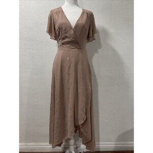 Nasty Gal Women's Sheer Metallic Stars Short Sleeve Maxi Wrap Dress Brown belted